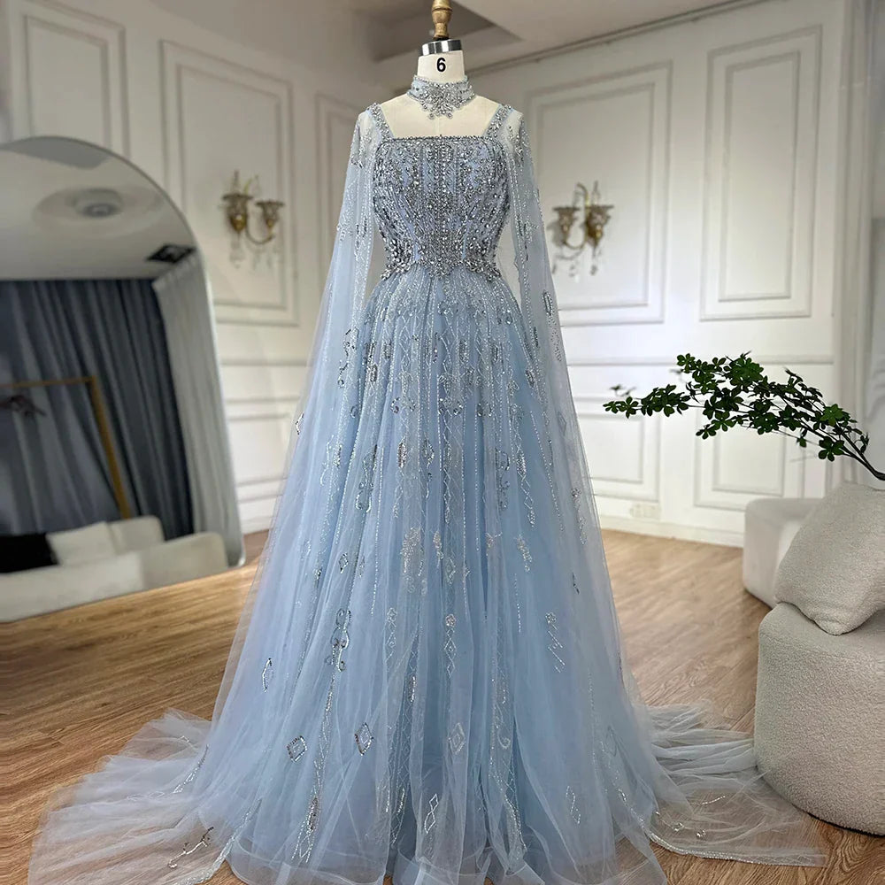 Vestido de noche de lujo saudí LA72764, corte A, manga capa, con cuentas de cristal, estilo árabe, color nude, ideal para ocasiones formales (modelo 2025).