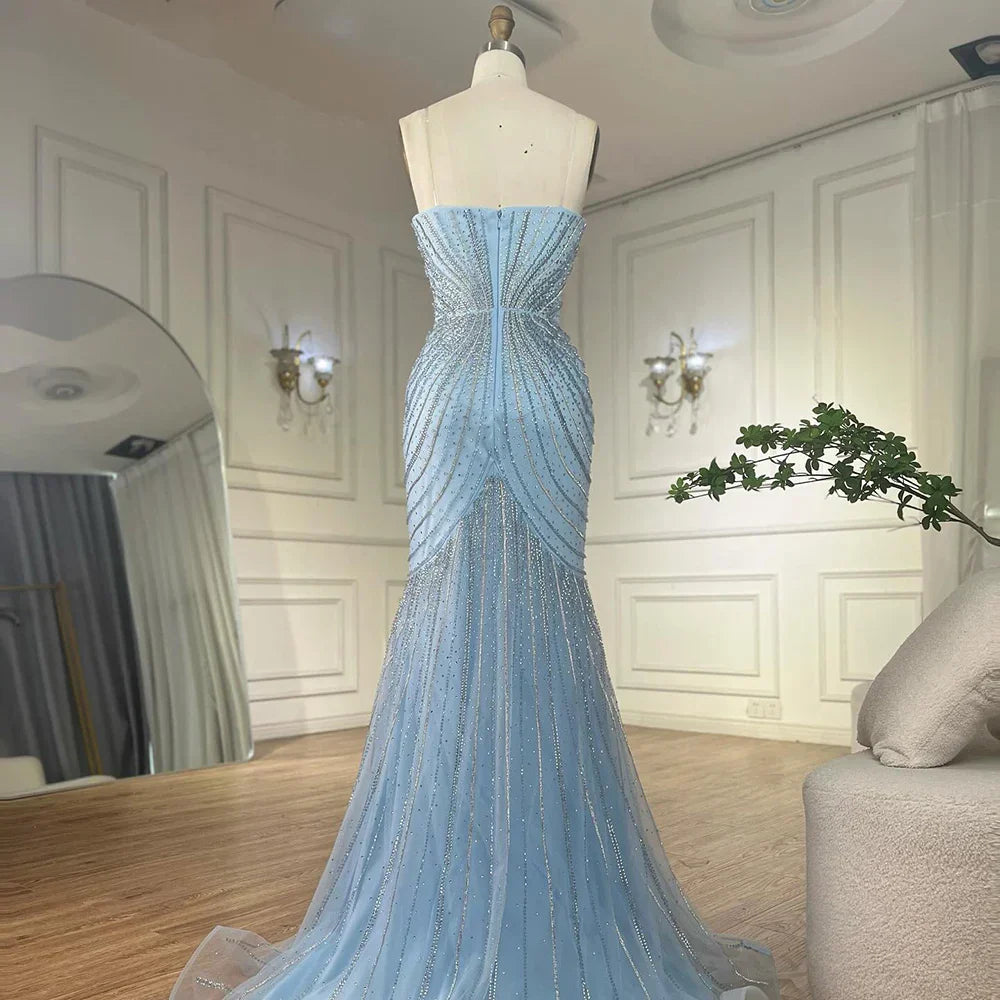 Robe de soirée arabe bleue à bretelles spaghetti et perles avec cape amovible pour une occasion formelle 2025 LA72784 
