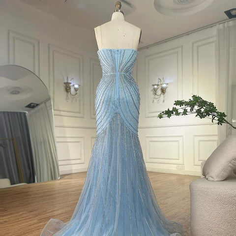 Arabic Blue Spaghetti Straps Beaded Evening Gown with Detachable Cape Dress for Formal Occasion 2025 LA72784