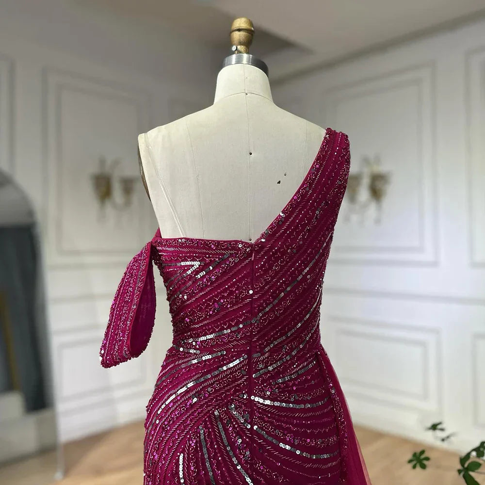 Vestido de noche largo, elegante, de sirena, rosa árabe, con un solo hombro y cuentas, ideal para ocasiones formales (LA72662A) 