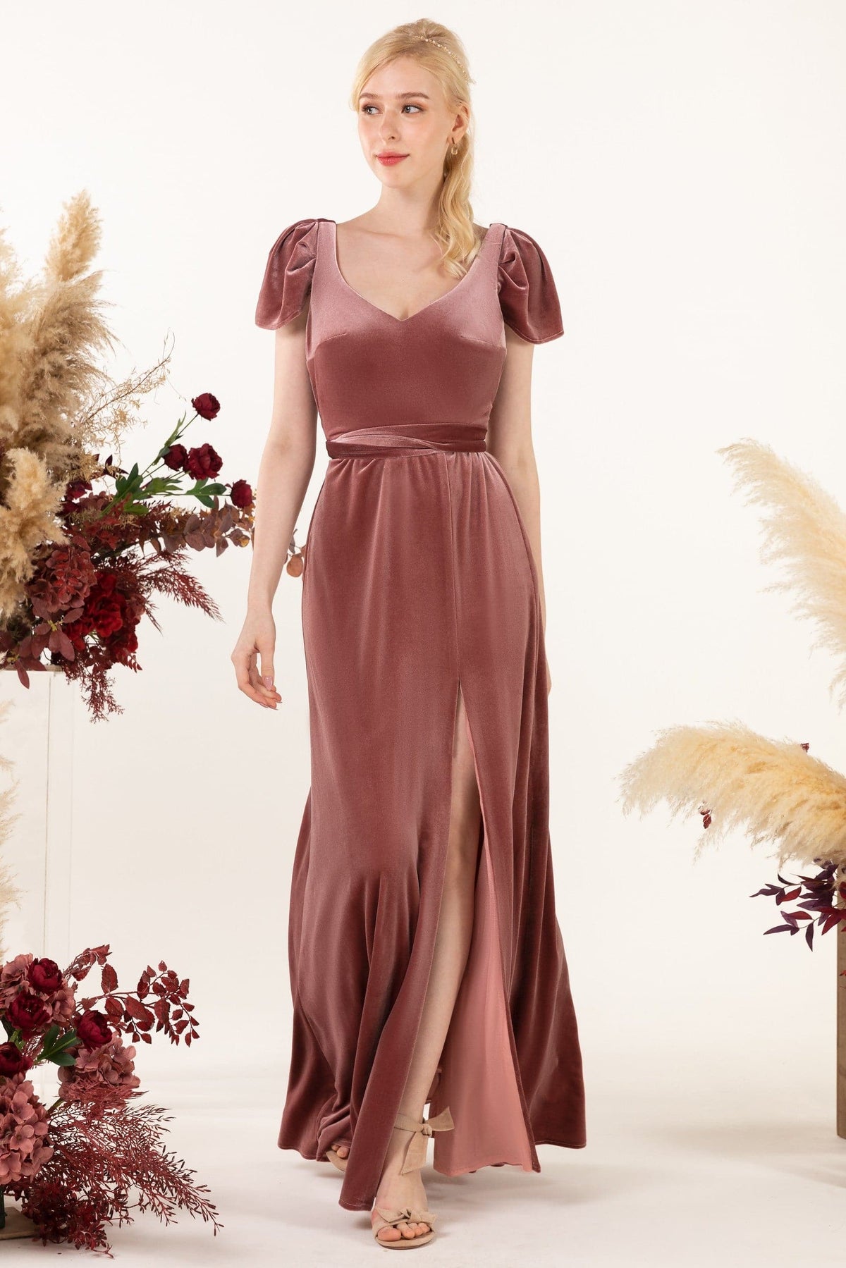 Vestido de dama de honor de terciopelo hasta el suelo VMB8