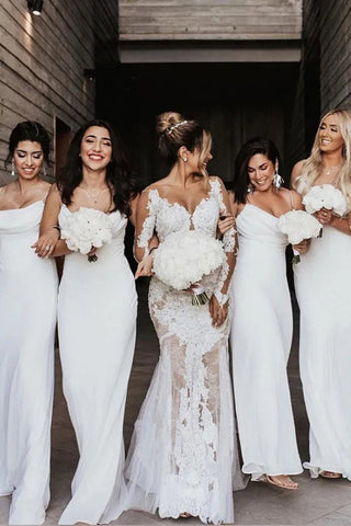 Vestidos de dama de honor color marfil, corte recto/columna, cuello drapeado, tirantes finos BD102