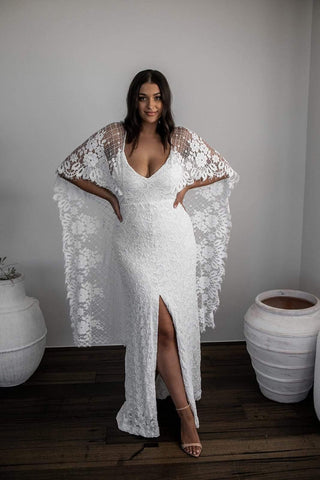Vestido de novia de encaje sin espalda con escote redondo y abertura cruzada WD247