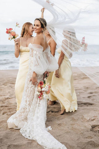 Robe de demoiselle d'honneur jaune longue à bretelles spaghetti et coupe fourreau BD132