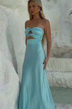 Vestido largo de fiesta azul Tiffany sin tirantes