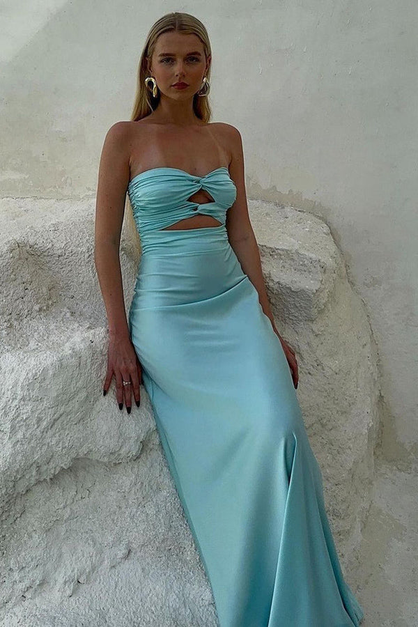 Vestido largo de fiesta azul Tiffany sin tirantes