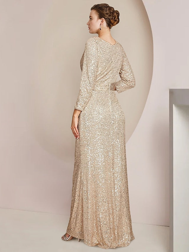 Vestidos de corte recto/columna con escote en V y largo hasta el suelo para la madre de la novia 