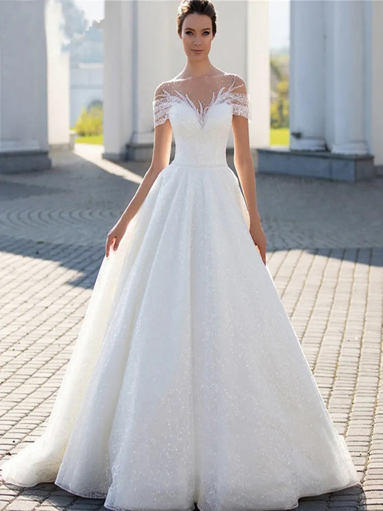Vestido de novia brillante con hombros descubiertos 2023 para novia, elegante vestido de novia de encaje brillante corte A con pliegues ilusión 