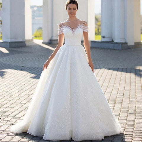 Shiny Off The Shoulder Wedding Dress For Bride  Fashion Glitter Lace A-Line Bridal Gowns Floor Length Custom Made Gillter
