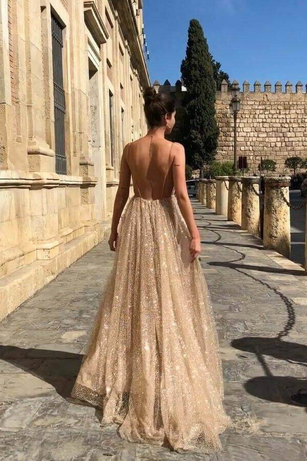 Vestidos largos de fiesta brillantes, corte en A, escote en V, tirantes finos, vestido de noche
