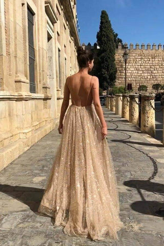 Robe de bal longue brillante à bretelles spaghetti, col en V et coupe trapèze, robe de soirée