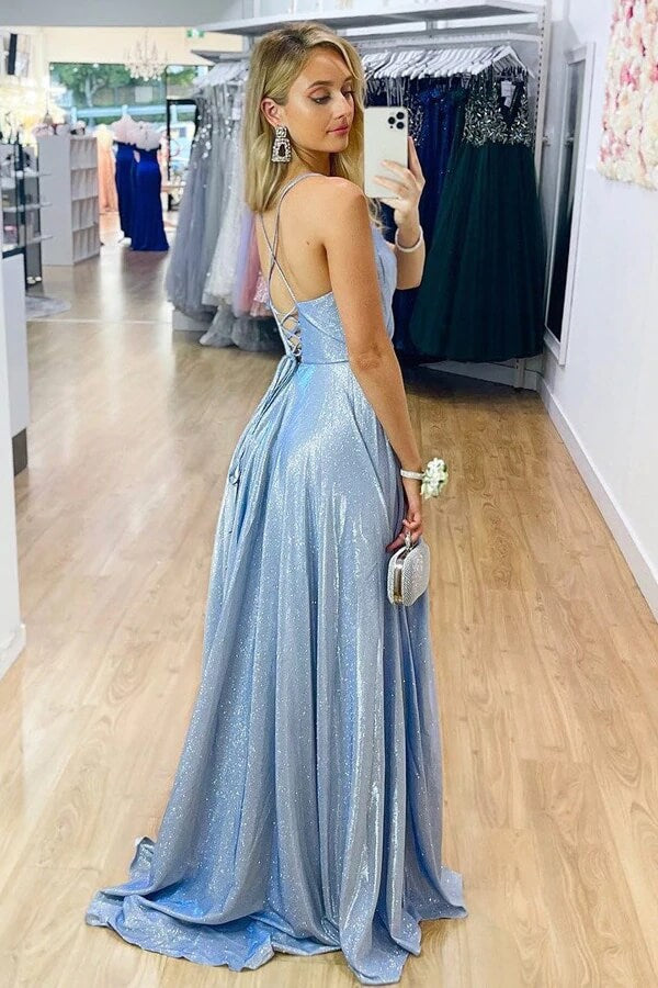 Vestidos largos de fiesta corte A con escote en V, vestido de noche con abertura lateral