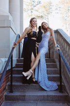 Vestidos de fiesta de sirena con lentejuelas, escote en V y abertura, estilo sirena, vestidos de noche