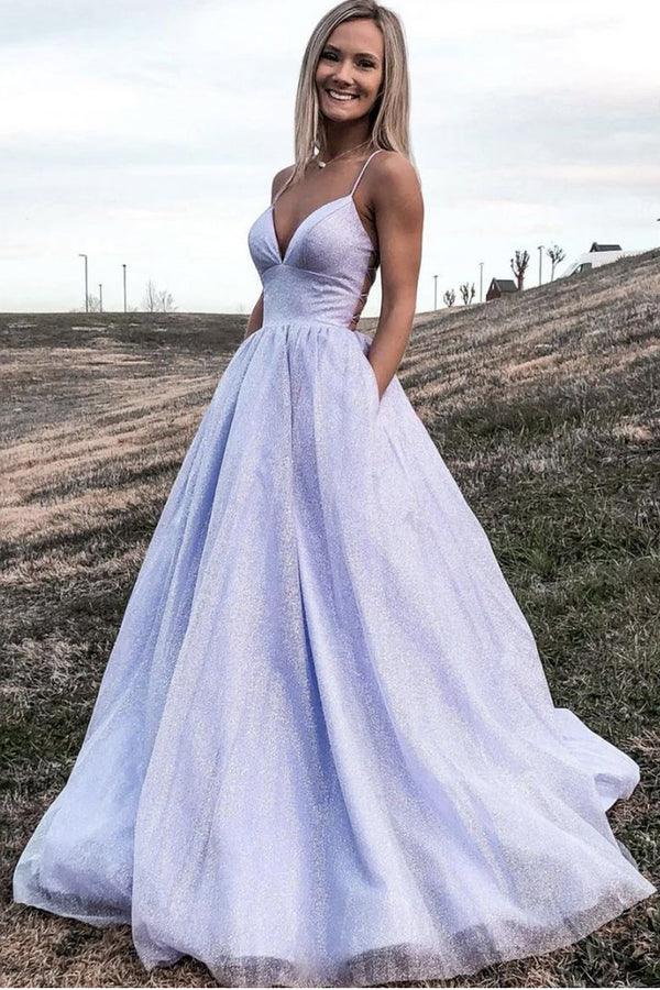 Shiny Lavender A Line V Neck Tulle Prom Formal Dress With Pocket