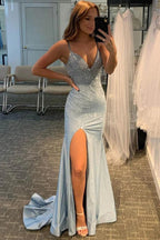Robes de bal sirène bleu clair brillantes avec fente, robes longues de cérémonie