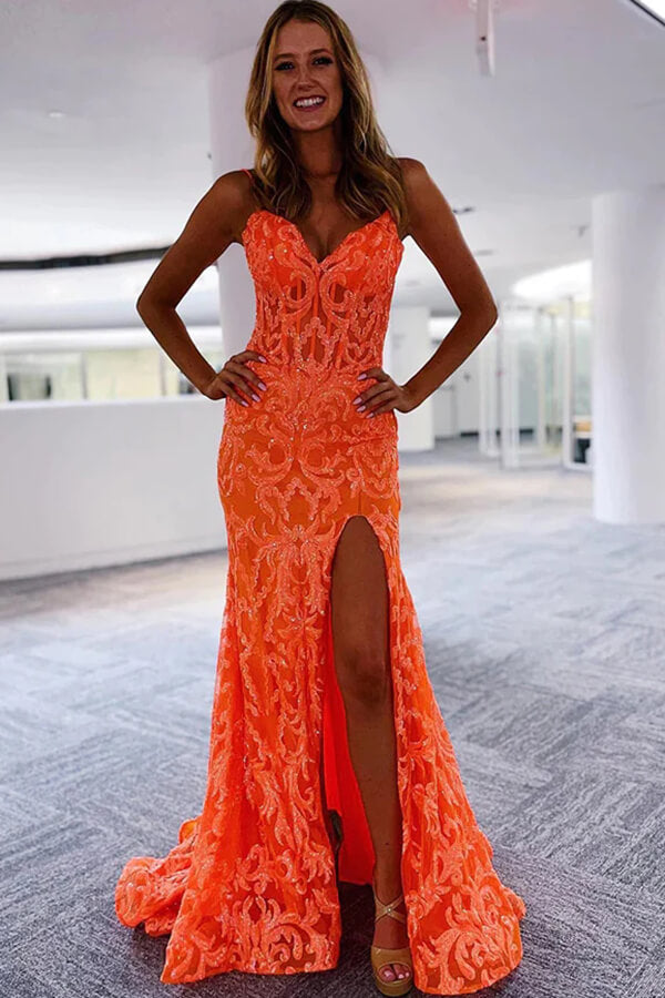 Vestido de fiesta de sirena naranja brillante con encaje, escote en V y abertura, vestido de fiesta