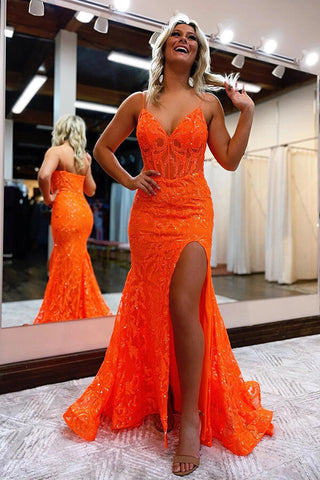 Robe de bal sirène orange brillant en dentelle à col en V et fente, robe de soirée