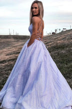 Vestidos de fiesta de tul morado brillante, corte en A, espalda descubierta, con bolsillo, vestidos de noche