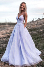Vestidos de fiesta de tul morado brillante, corte en A, espalda descubierta, con bolsillo, vestidos de noche