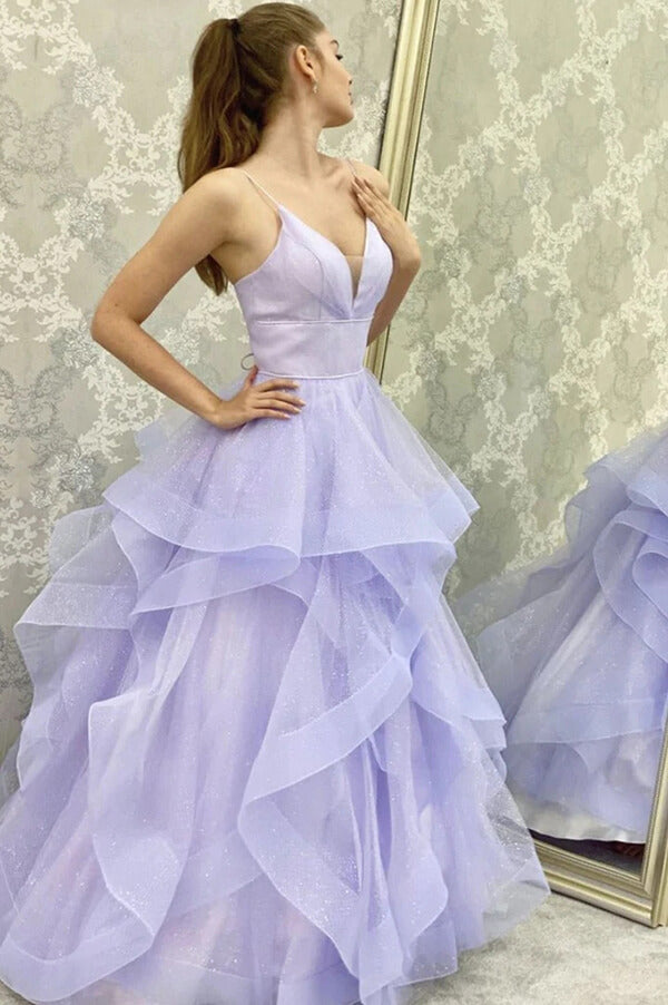 Vestido de fiesta de tul morado brillante, corte en A, escote en V, tirantes finos
