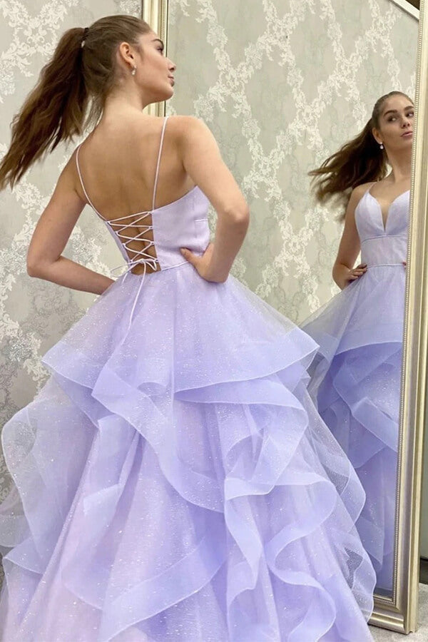 Vestido de fiesta de tul morado brillante, corte en A, escote en V, tirantes finos