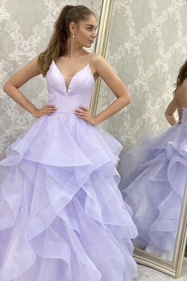 Vestido de fiesta de tul morado brillante, corte en A, escote en V, tirantes finos