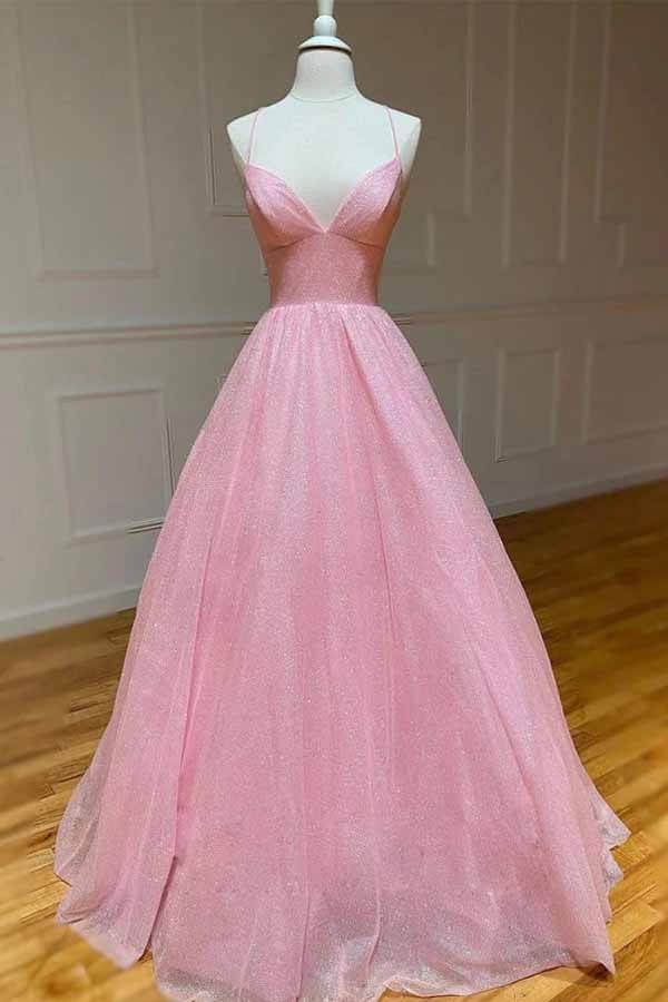 Vestidos de fiesta largos de tul brillante con tirantes finos y corte en A, vestidos formales