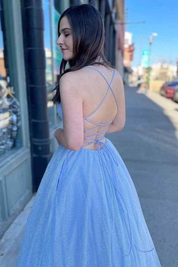 Vestidos de fiesta largos de tul brillante con tirantes finos y corte en A, vestidos formales