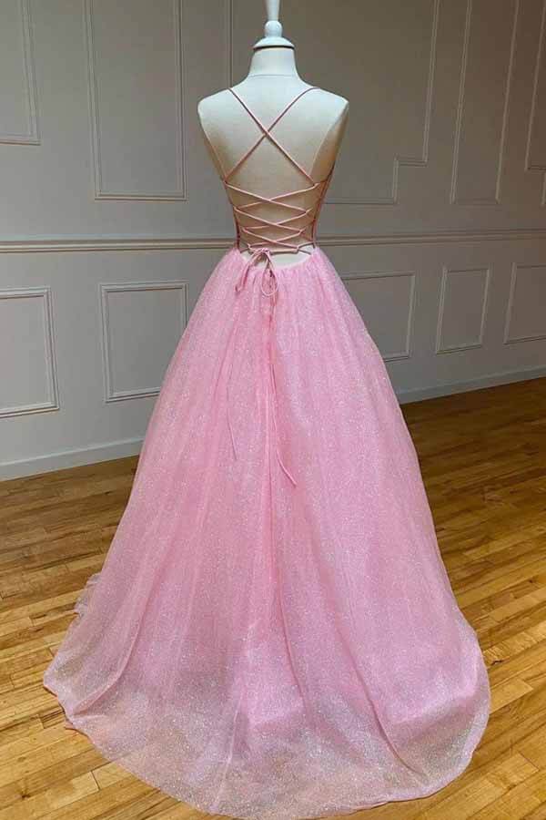 Vestidos de fiesta largos de tul brillante con tirantes finos y corte en A, vestidos formales