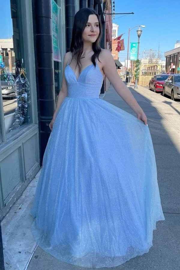 Vestidos de fiesta largos de tul brillante con tirantes finos y corte en A, vestidos formales