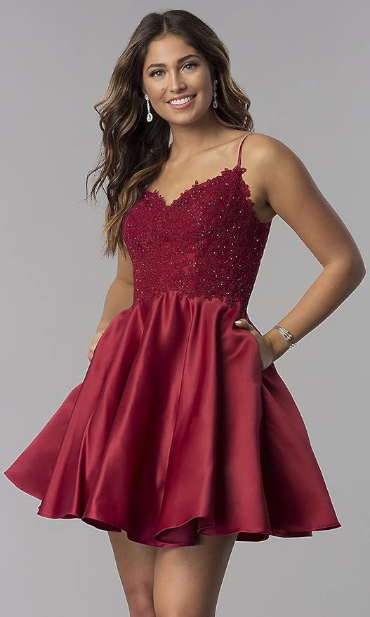 Vestido corto de fiesta de bienvenida con encaje y cuentas, vestido de satén para graduación con bolsillos SYH82 