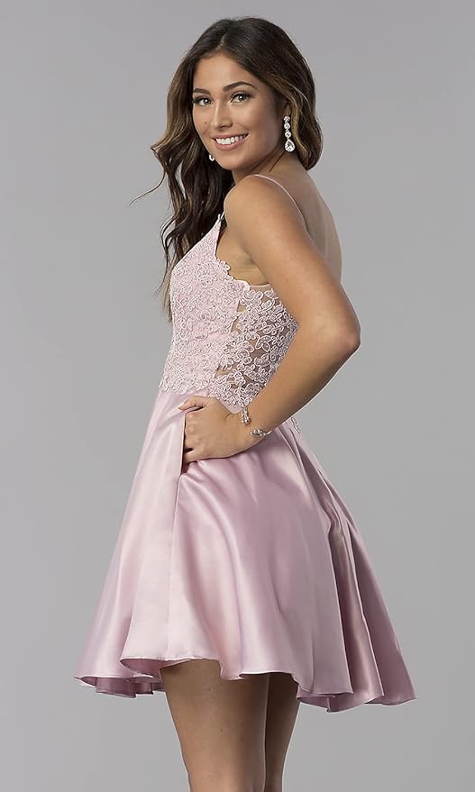 Vestido corto de fiesta de bienvenida con encaje y cuentas, vestido de satén para graduación con bolsillos SYH82 