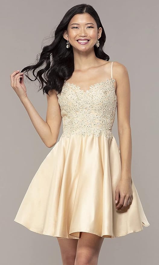 Vestido corto de fiesta de bienvenida con encaje y cuentas, vestido de satén para graduación con bolsillos SYH82 