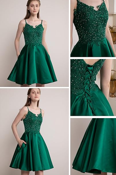 Vestido corto de fiesta de bienvenida con encaje y cuentas, vestido de satén para graduación con bolsillos SYH82 