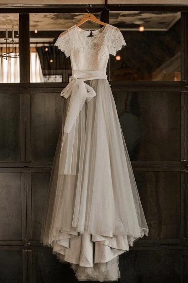 Vestidos de novia plateados de encaje y tul de manga corta con fajín WD386