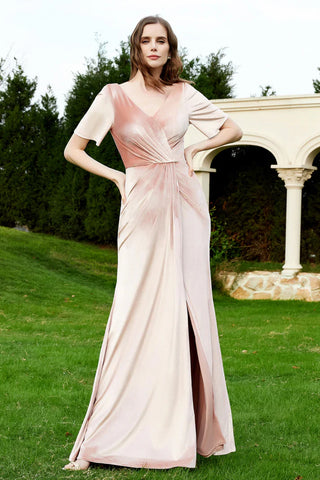 Vestido de fiesta de manga corta con escote en V y abertura alta para dama de honor VMP181