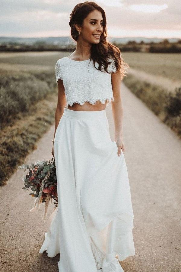 Vestidos de novia de dos piezas con mangas cortas y encaje WD601