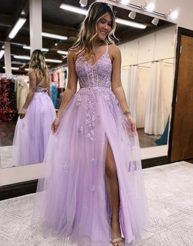 Vestidos de fiesta de encaje con tirantes finos de tul y abertura lateral SYP158