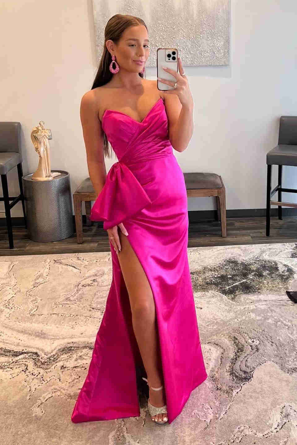 Off Shoulder Pink Satin Prom Dresses With Slit SYP90