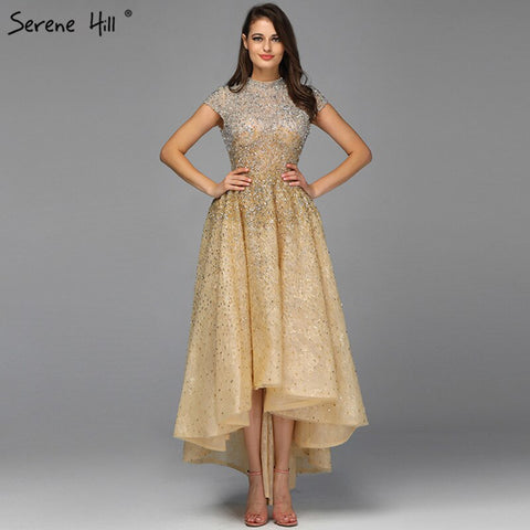 Silber Asymmetrische Ärmellose Abendkleider 2025 Perlen Kappe Ärmeln Sparkle Sexy Formale Kleid Ruhigen Hill LA60757