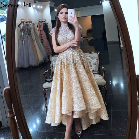 Silber Asymmetrische Ärmellose Abendkleider 2025 Perlen Kappe Ärmeln Sparkle Sexy Formale Kleid Ruhigen Hill LA60757