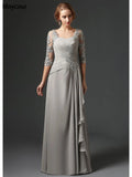 Vestidos plateados para la madre de la novia 2023, corte A, mangas 3/4, gasa y encaje, tallas grandes, largos y elegantes. Vestidos de novia para la madre del novio. 