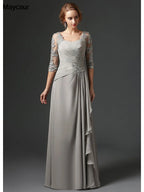 Vestidos plateados para la madre de la novia 2023, corte A, mangas 3/4, gasa y encaje, tallas grandes, largos y elegantes. Vestidos de novia para la madre del novio. 