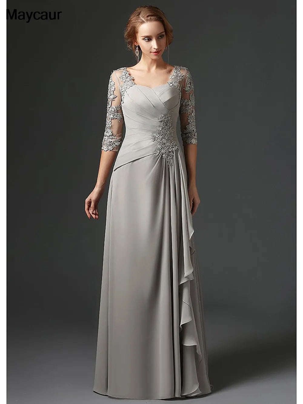 Vestidos plateados para la madre de la novia 2023, corte A, mangas 3/4, gasa y encaje, tallas grandes, largos y elegantes. Vestidos de novia para la madre del novio. 