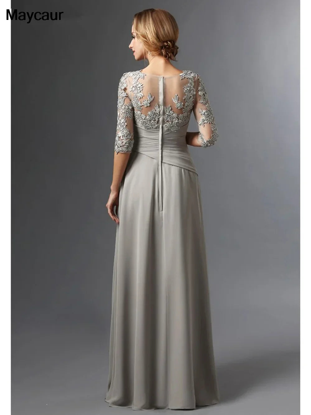 Vestidos plateados para la madre de la novia 2023, corte A, mangas 3/4, gasa y encaje, tallas grandes, largos y elegantes. Vestidos de novia para la madre del novio. 