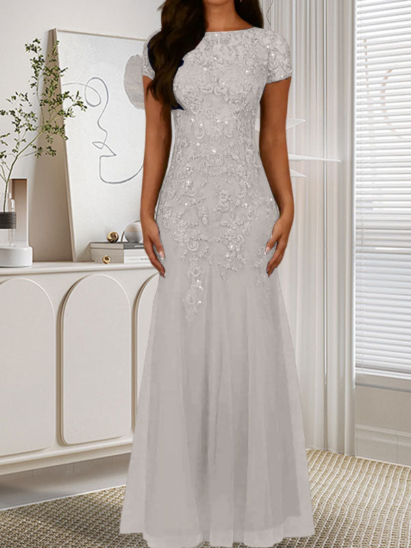 Robe sirène bleu marine foncé à sequins et tulle, décolleté rond, robe en tulle bleu marine foncé