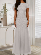 Robe sirène bleu marine foncé à sequins et tulle, décolleté rond, robe en tulle bleu marine foncé