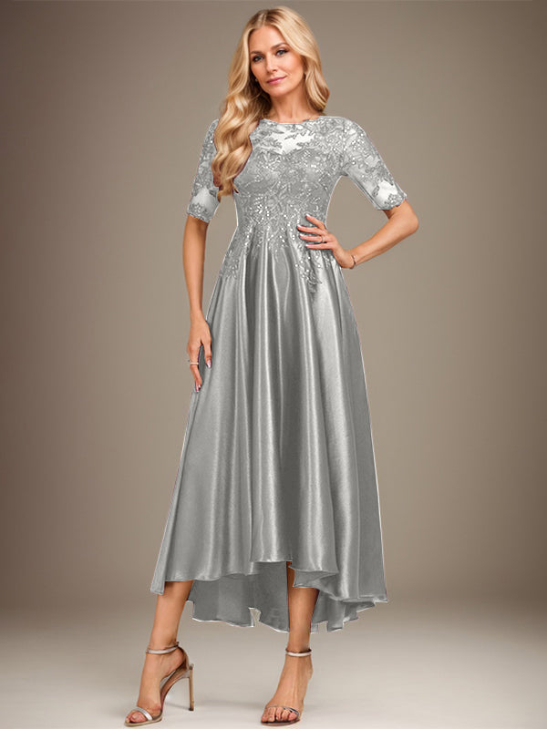 Vestido de madrina de la novia corte A, escote ilusión asimétrico, satén elástico con encaje y lentejuelas 