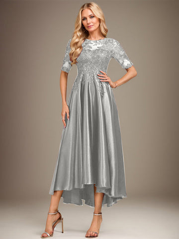 A-line Scoop Illusion Asymmetrical Stretch Satin Lace Mother of the Bride Dress With Sequins