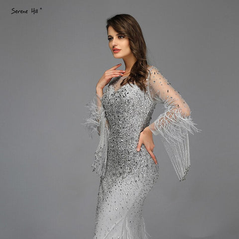 Blcck Long Sleeve O-Neck Feathers Crystal Luxury Evening Dress Gown LA60912